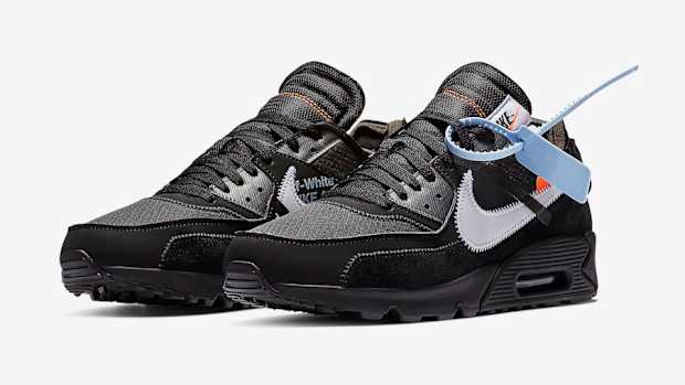 View of black and white Nike Air Max shoes.
